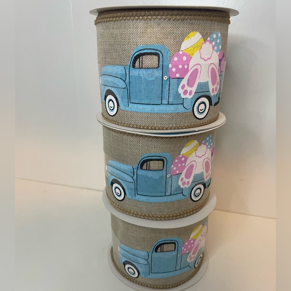 Burlap Ribbon with Truck & Bunny Design, Easter ribbon (wired ribbon) 2.5”x20ft